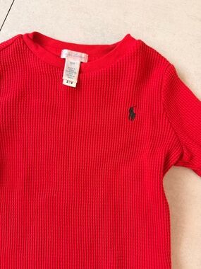 Ralph Lauren Bright Red Waffle Knit Kids Tee with Navy Pony 18M